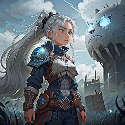 a woman with a white hair and a blue eyes standing in front of a giant creature with a sword