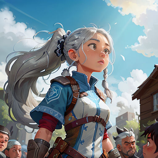 a woman with a ponytail standing in front of a group of people in a city with buildings and a sky background