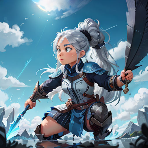 a woman with a feather and a sword in her hand, standing on a rock with a sky background