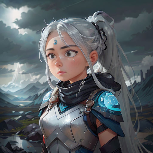 a woman with white hair and a gray outfit standing in front of a mountain range with a sky background