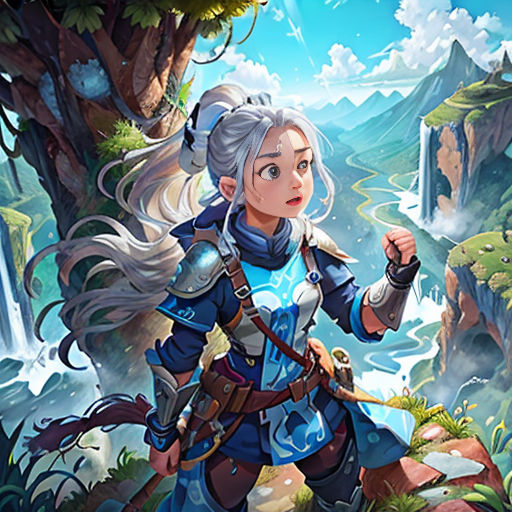 a woman in a blue outfit standing in front of a waterfall and a waterfall with a waterfall in the background