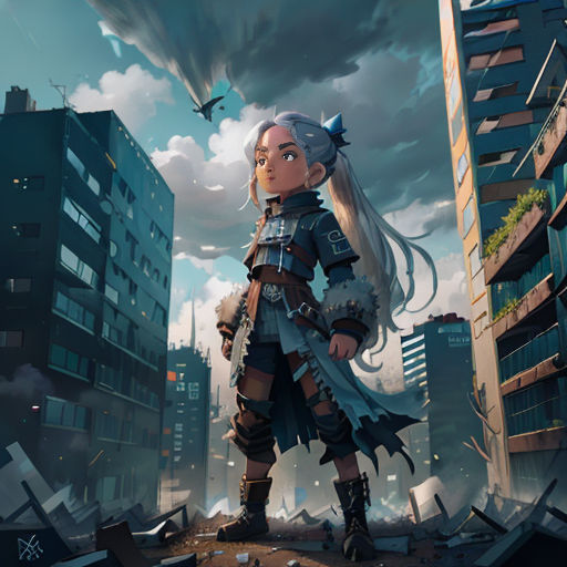 a woman standing in a city with a bird flying overhead in the sky above her head and a bird flying overhead
