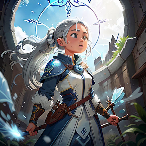 a woman in a white dress holding a sword and a sword in her hand, with a sky background
