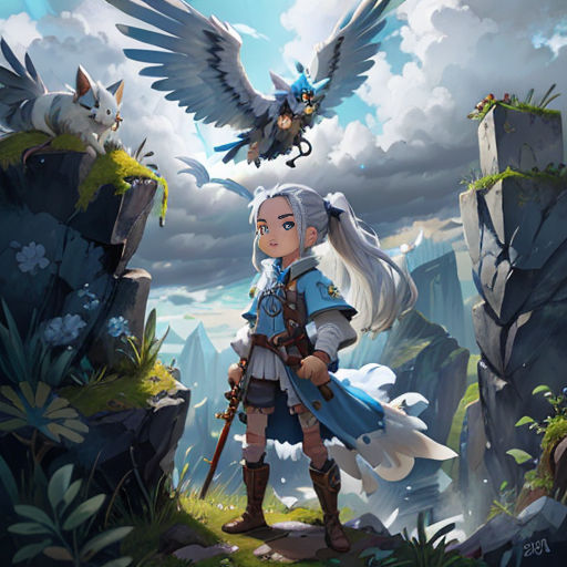 a girl standing in front of a bird and a bird flying above her head, with a cat on her shoulder