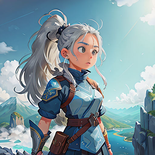 a woman in a blue outfit standing on a cliff with a sword in her hand and a sky background