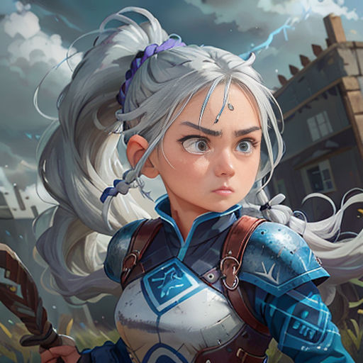 a woman with white hair and a blue outfit holding a sword in front of a castle with a sky background