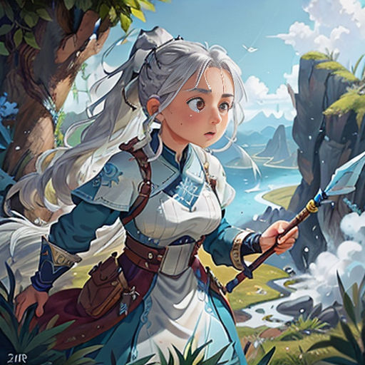 a woman in a white dress holding a sword in a forest with a river in the background and a mountain in the background