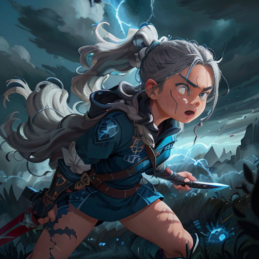 a woman with a sword in her hand and a storm in the background, with a lightning in the sky