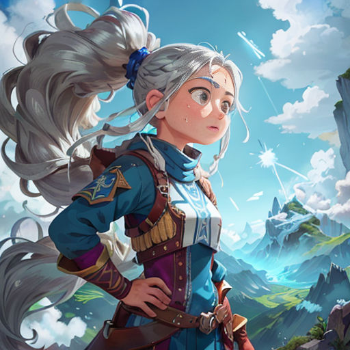 a woman in a blue outfit standing in front of a mountain with a sky background and clouds above her