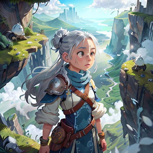 a woman standing in front of a mountain with a sky background and clouds in the background, with a sky background and a mountain with a valley