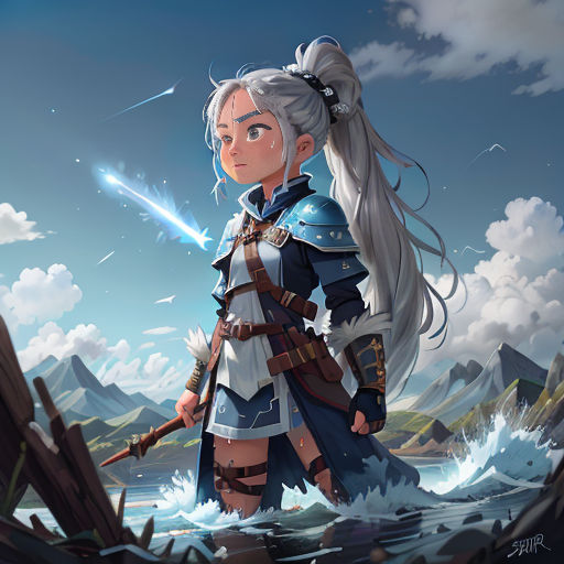 a woman in a blue and white outfit standing in the water with a sword in her hand and a mountain in the background