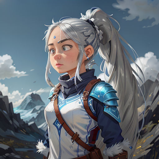 a woman with white hair and a blue outfit standing in front of a mountain range with a sky background
