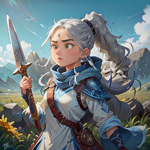 a woman holding a sword in a field of flowers and grass with mountains in the background and a sky with clouds