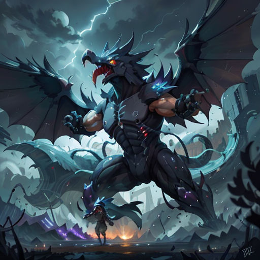 a dragon with a huge body and wings in the air, with lightning behind it, and a man standing on a hill