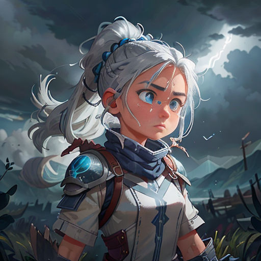a woman with white hair and a blue eyes stands in a field with a dark sky behind her and a dark cloud in the background