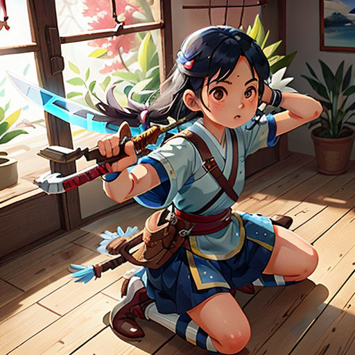 a woman in a room with a sword and a potted plant in the background, and a window with a plant in the background