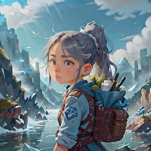 a girl with a backpack standing in front of a mountain and a river with rocks and water in it