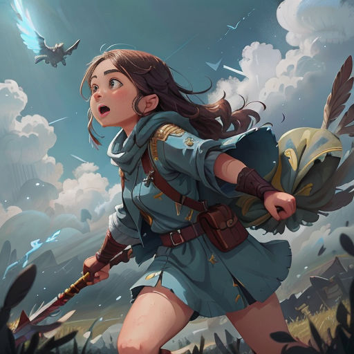 a woman in a uniform is holding a rifle and a bird in the sky behind her, and a plane in the background