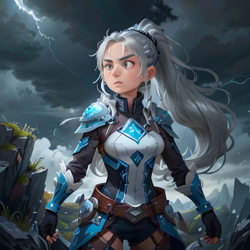 a woman in a blue and white outfit standing in front of a storm filled sky with lightning in the background