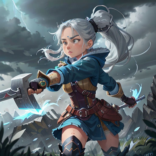 a woman with a sword in her hand and a sky background with clouds and clouds behind her, and a storm