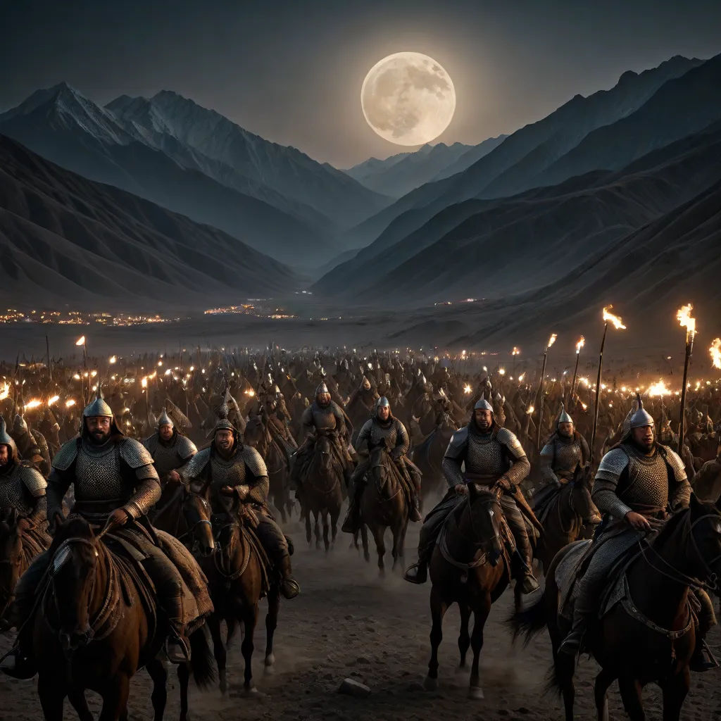 a group of men riding on the backs of horses in front of a mountain range at night with a full moon, dau-al-set, a detailed matte painting, Amir Zand, cinematic matte painting