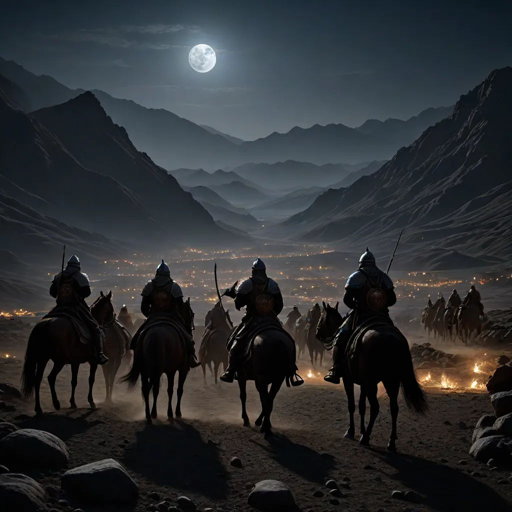 a group of men riding on the backs of horses in the desert at night with a full moon in the background, dau-al-set, a detailed matte painting, Amir Zand, cinematic matte painting