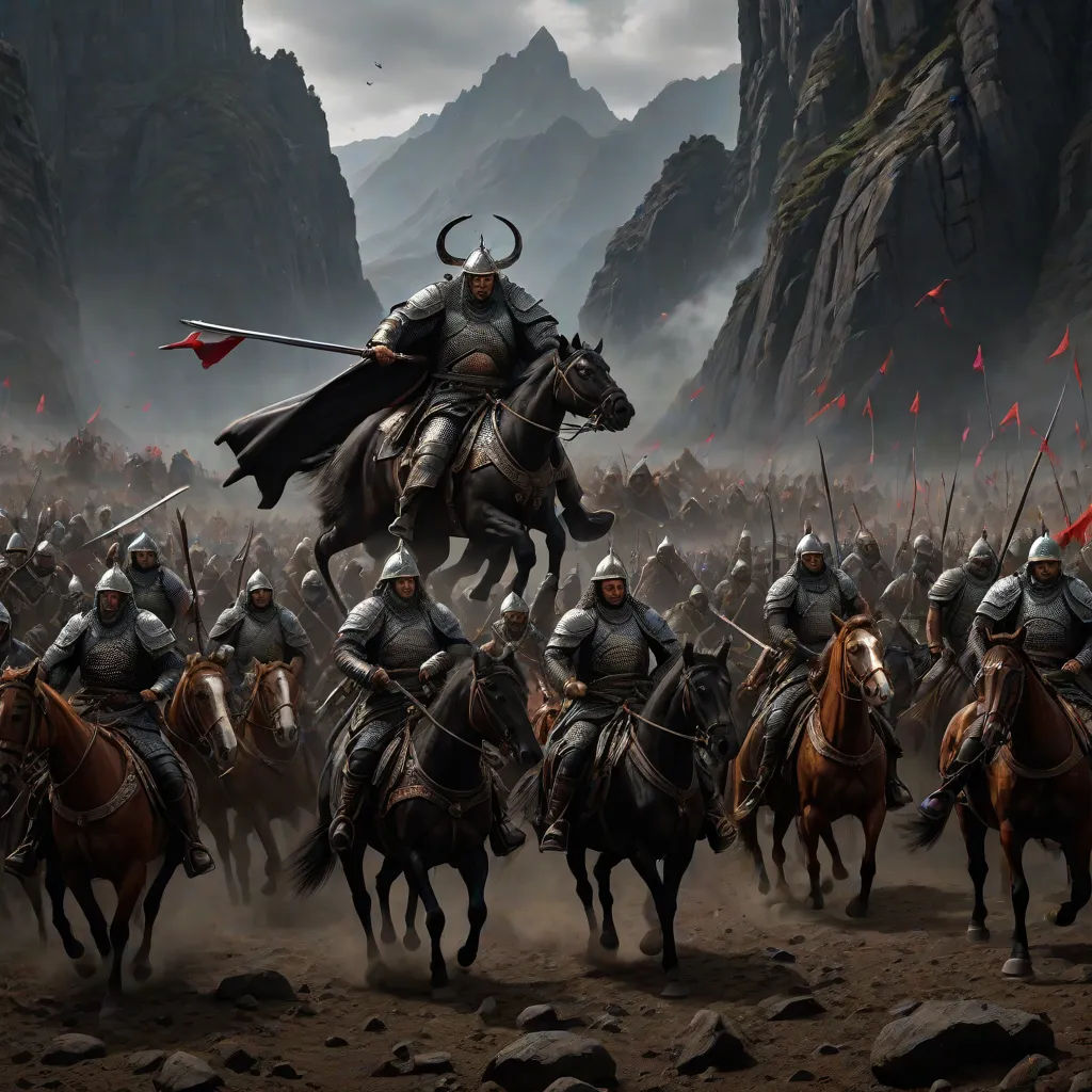 a group of men on horses with a bunch of men on them on a mountain side with a flag, fantasy art, a detailed matte painting, Clint Cearley, matte fantasy painting
