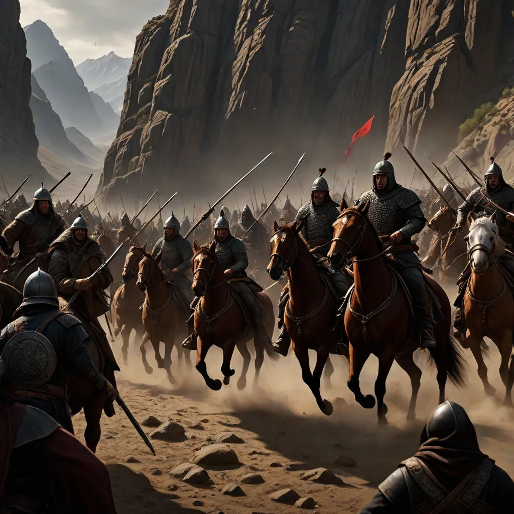 a group of men on horses with a bunch of men on them riding through the desert with mountains in the background, fantasy art, a detailed matte painting, Clint Cearley, cinematic matte painting