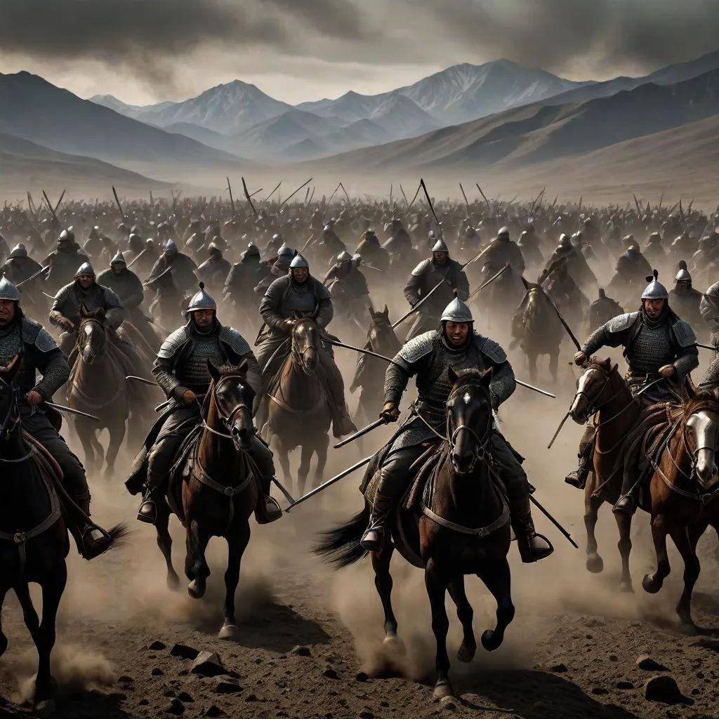 a group of men riding on the backs of horses in a field of dirt with mountains in the background, dau-al-set, a detailed matte painting, Daryush Shokof, cinematic matte painting