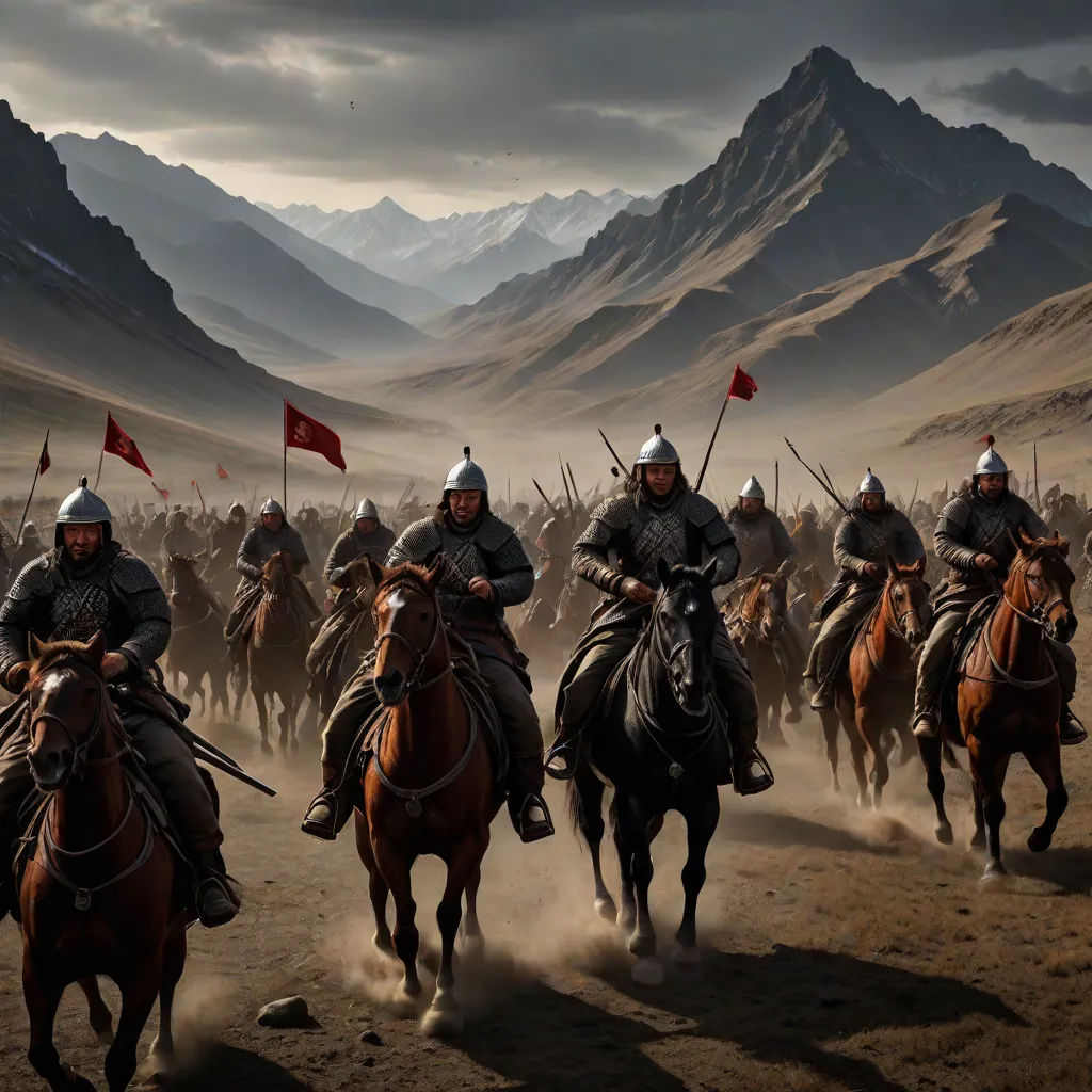 a group of men riding on the backs of horses in a field with mountains in the background and a flag flying in the air, dau-al-set, a detailed matte painting, Amir Zand, cinematic photography