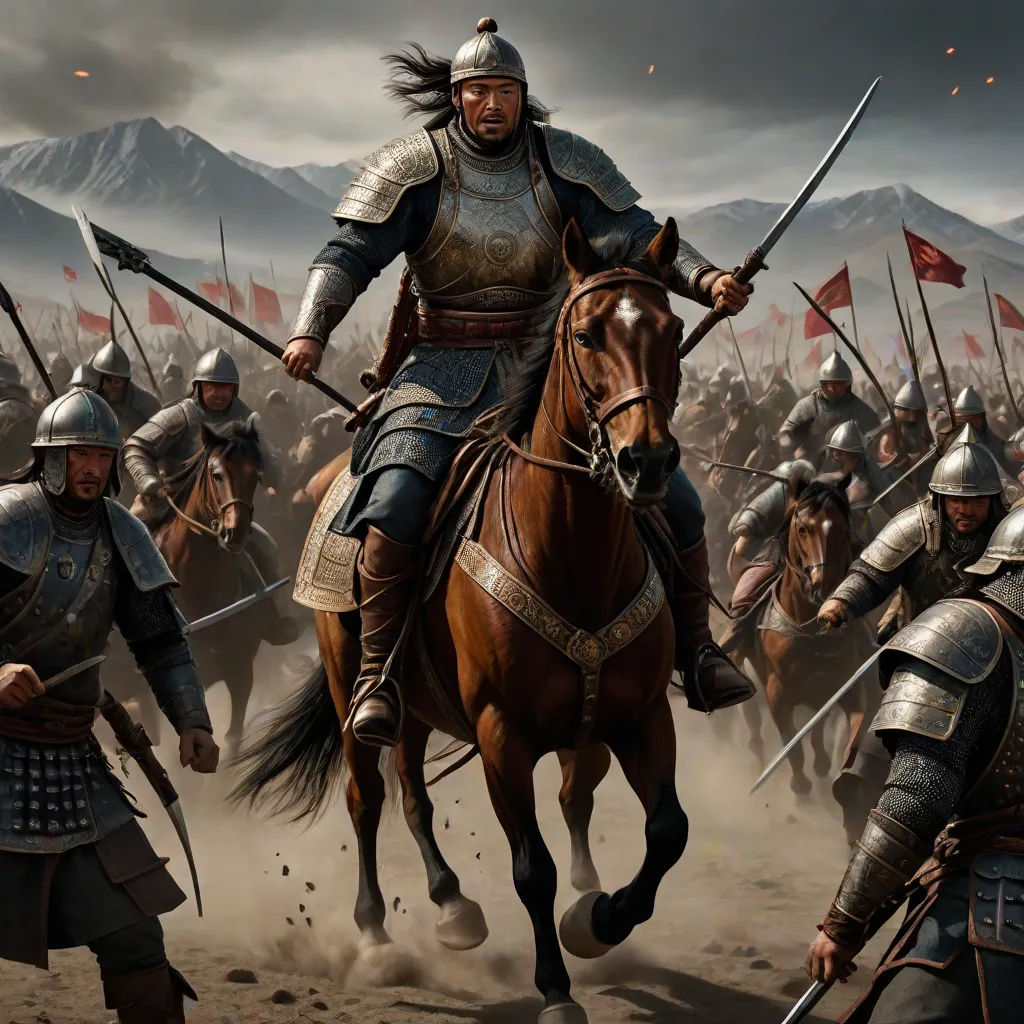 a painting of a man on a horse with a sword in his hand and a group of men on horseback behind him, dau-al-set, concept art, Dai Jin, conceptart