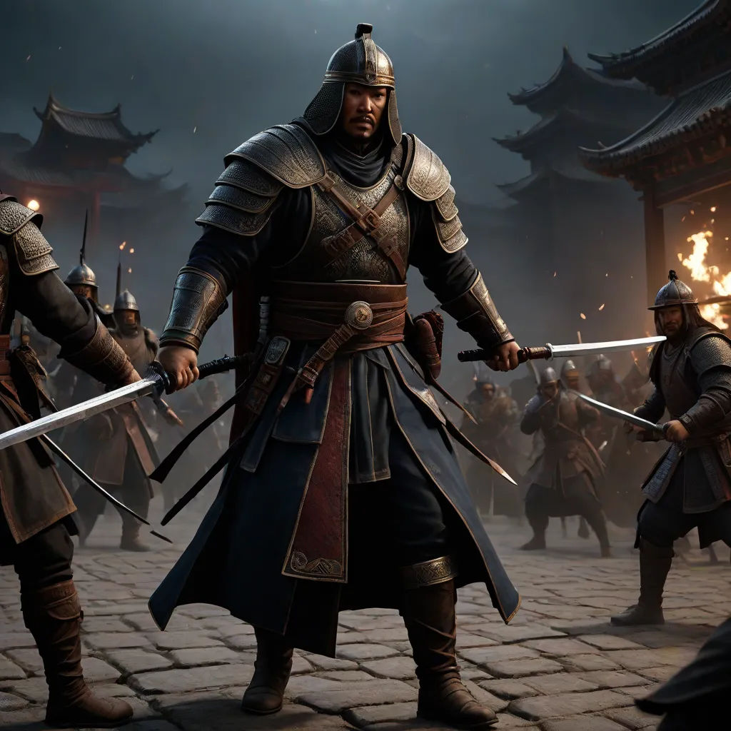 a group of men in medieval armor holding swords and standing on a stone floor in front of a building, dau-al-set, concept art, Dai Jin, unreal engine 5