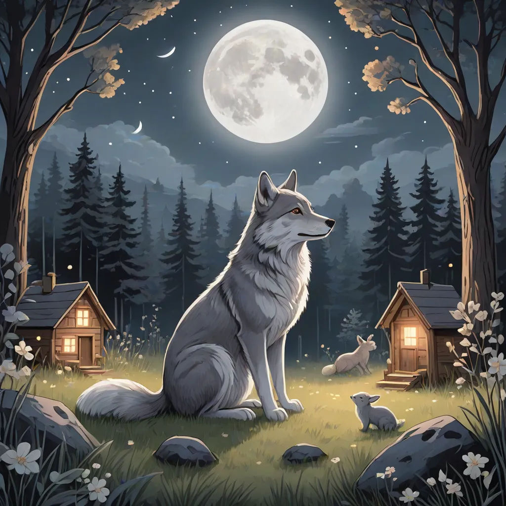 a wolf sitting in the grass with a full moon in the background and a cabin in the background with flowers, fantasy art, a storybook illustration, Dan Mumford, storybook illustration