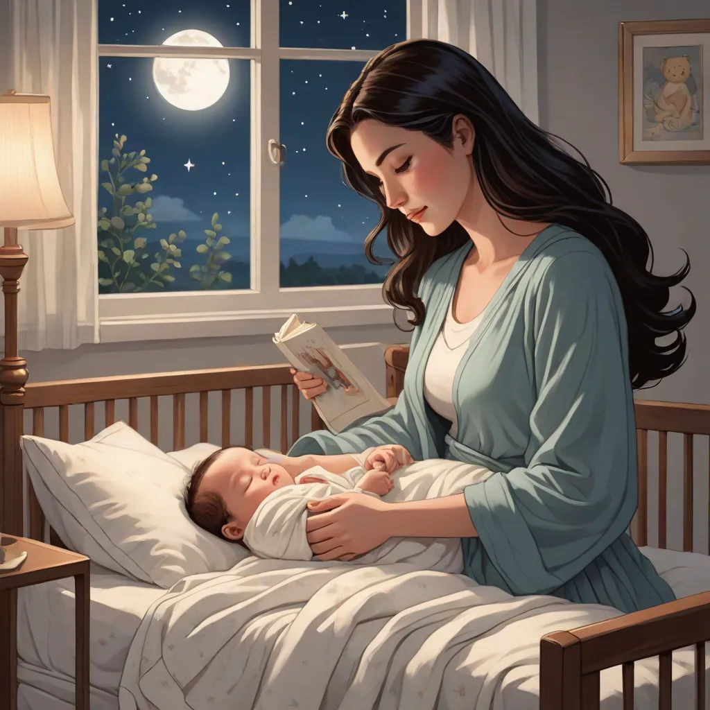 a woman reading a book to a baby in a bed with a night sky outside the window and a moon lit window, fantasy art, a storybook illustration, F Scott Hess, storybook illustration