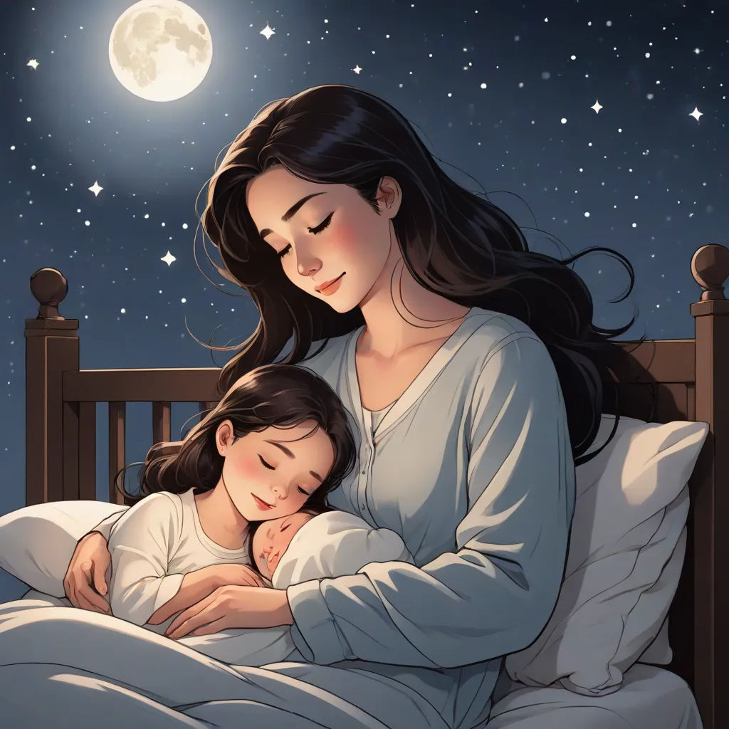 a woman and a child are in bed under the stars of the night sky with the moon in the background, fantasy art, a storybook illustration, Cyril Rolando, storybook illustration