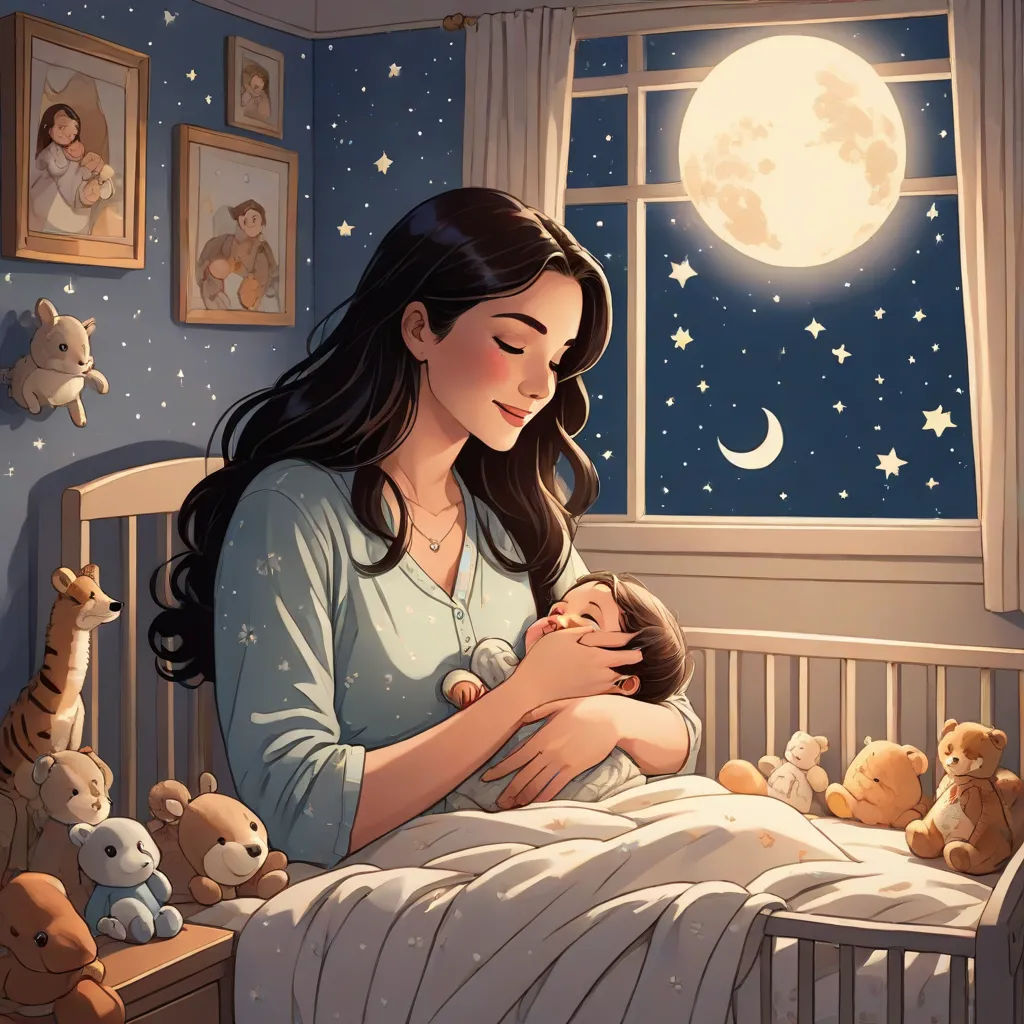 a woman holding a baby in a crib with a night sky and stars on the wall behind her, fantasy art, a storybook illustration, Cyril Rolando, storybook illustration