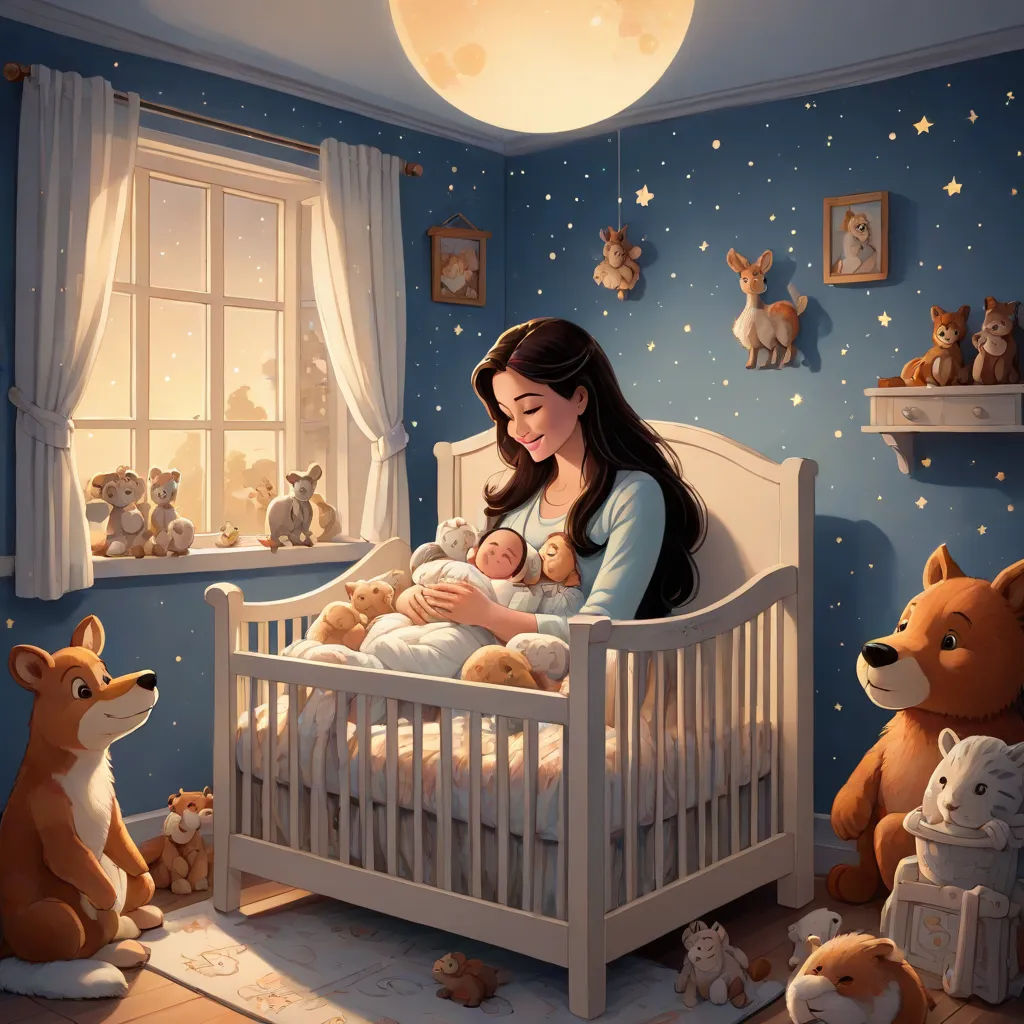 a woman is holding a baby in a crib with stuffed animals around her and a teddy bear sitting on the floor, magical realism, a storybook illustration, Cyril Rolando, storybook illustration