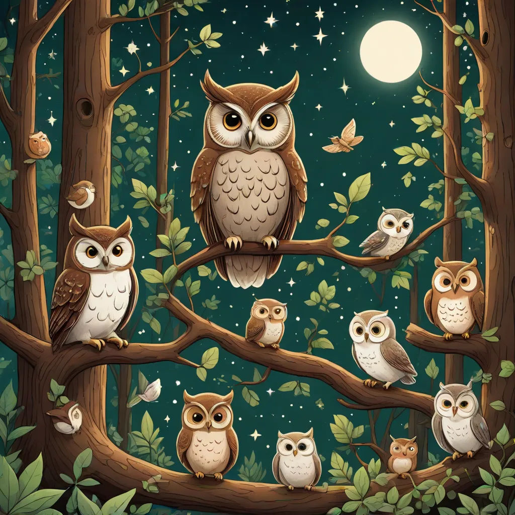 a group of owls sitting on a tree branch in the night sky with a full moon in the background, fantasy art, a storybook illustration, Dan Mumford, storybook illustration