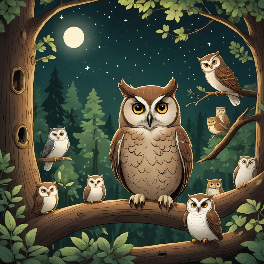 a group of owls sitting on a tree branch at night with the moon in the background and stars in the sky, fantasy art, a storybook illustration, Dan Mumford, storybook illustration