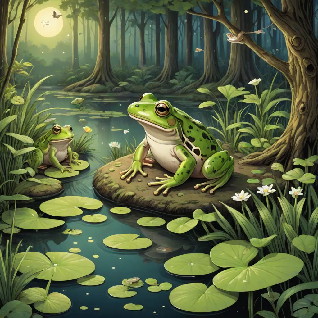 a frog and a frog sitting on a rock in a swamp with lily pads and a full moon in the background, fantasy art, a storybook illustration, Chris LaBrooy, highly detailed digital painting