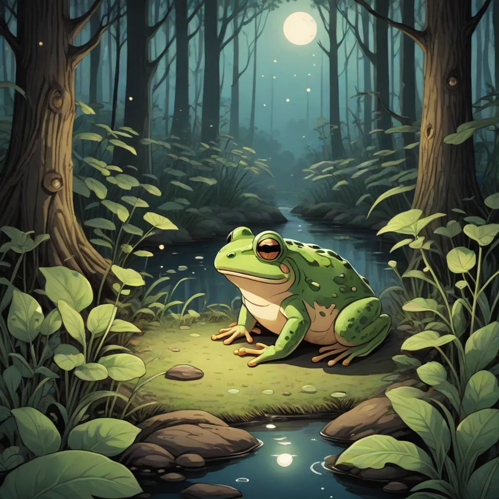 a frog sitting on a rock in a forest at night with a full moon in the background illustration by john wyee, fantasy art, a storybook illustration, Chris LaBrooy, storybook illustration