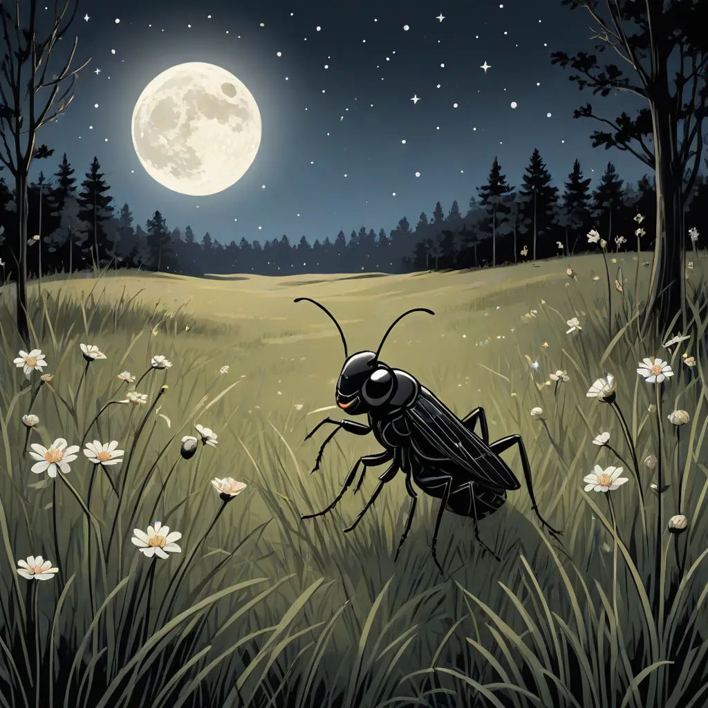 a bug is standing in a field of flowers and grass with a full moon in the background and a field of flowers with white daisies, magical realism, a storybook illustration, Dan Mumford, fireflies