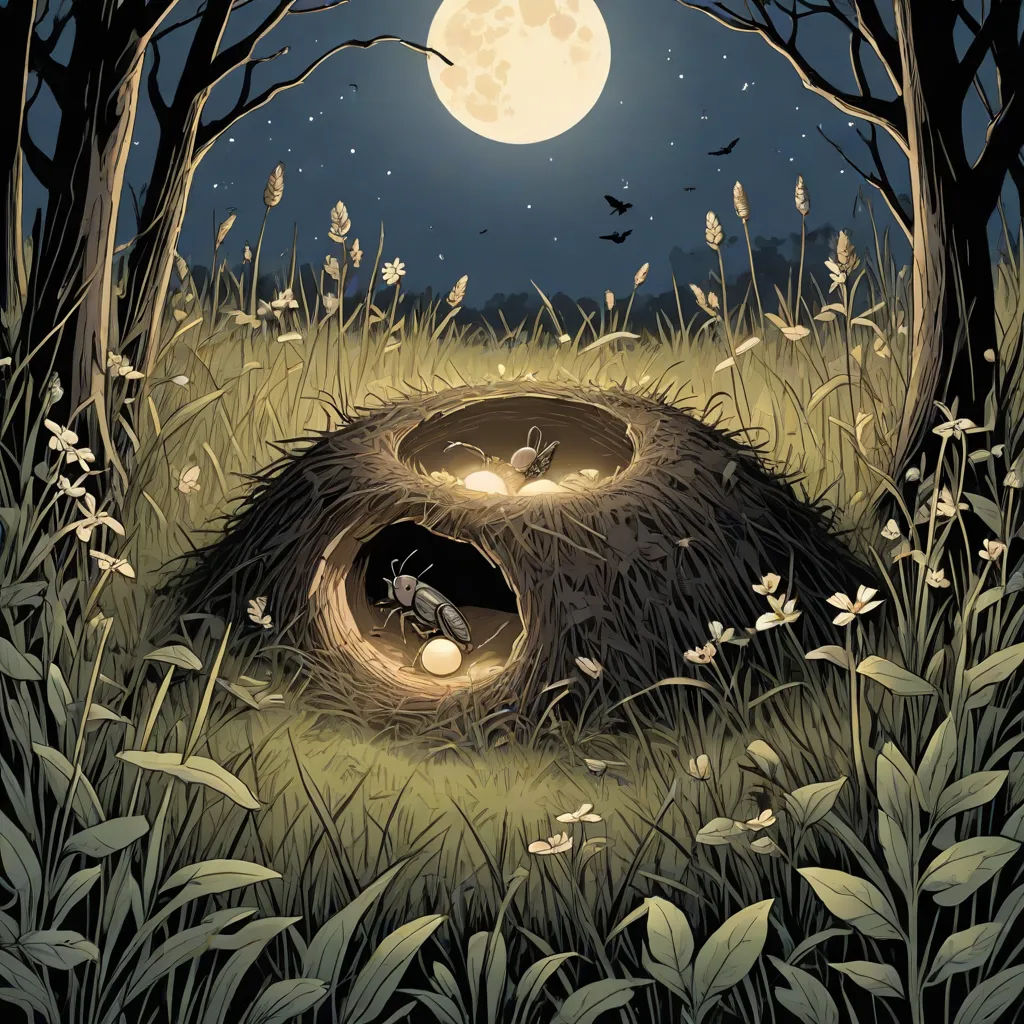 a painting of a night scene with a full moon and a nest in the grass with a bee on it, fantasy art, a storybook illustration, Dan Mumford, storybook illustration