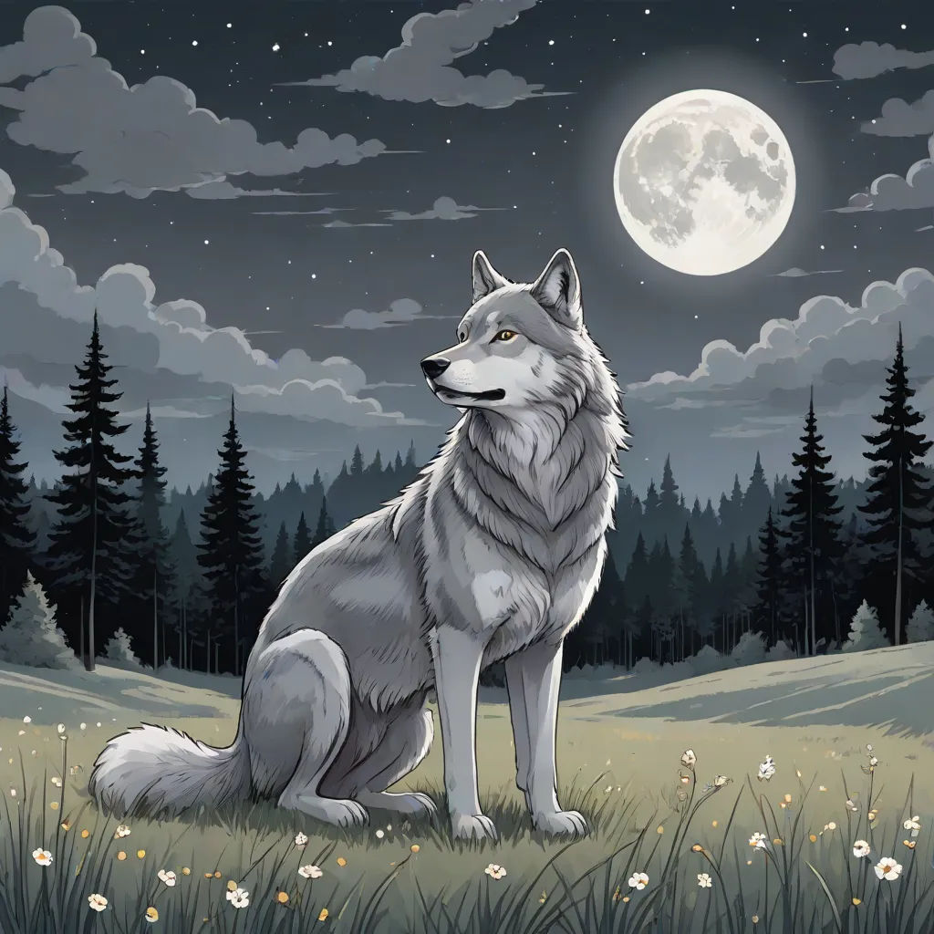 a wolf sitting in a field with a full moon in the background and clouds in the sky above it, furry art, a storybook illustration, Dan Mumford, official art