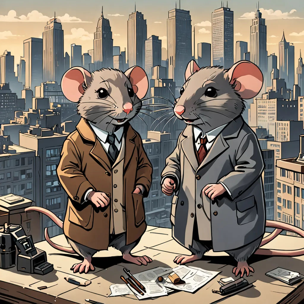 two mice in suits standing on a table in front of a cityscape with a telephone and a telephone, underground comix, a storybook illustration, Art Spiegelman, detailed illustration