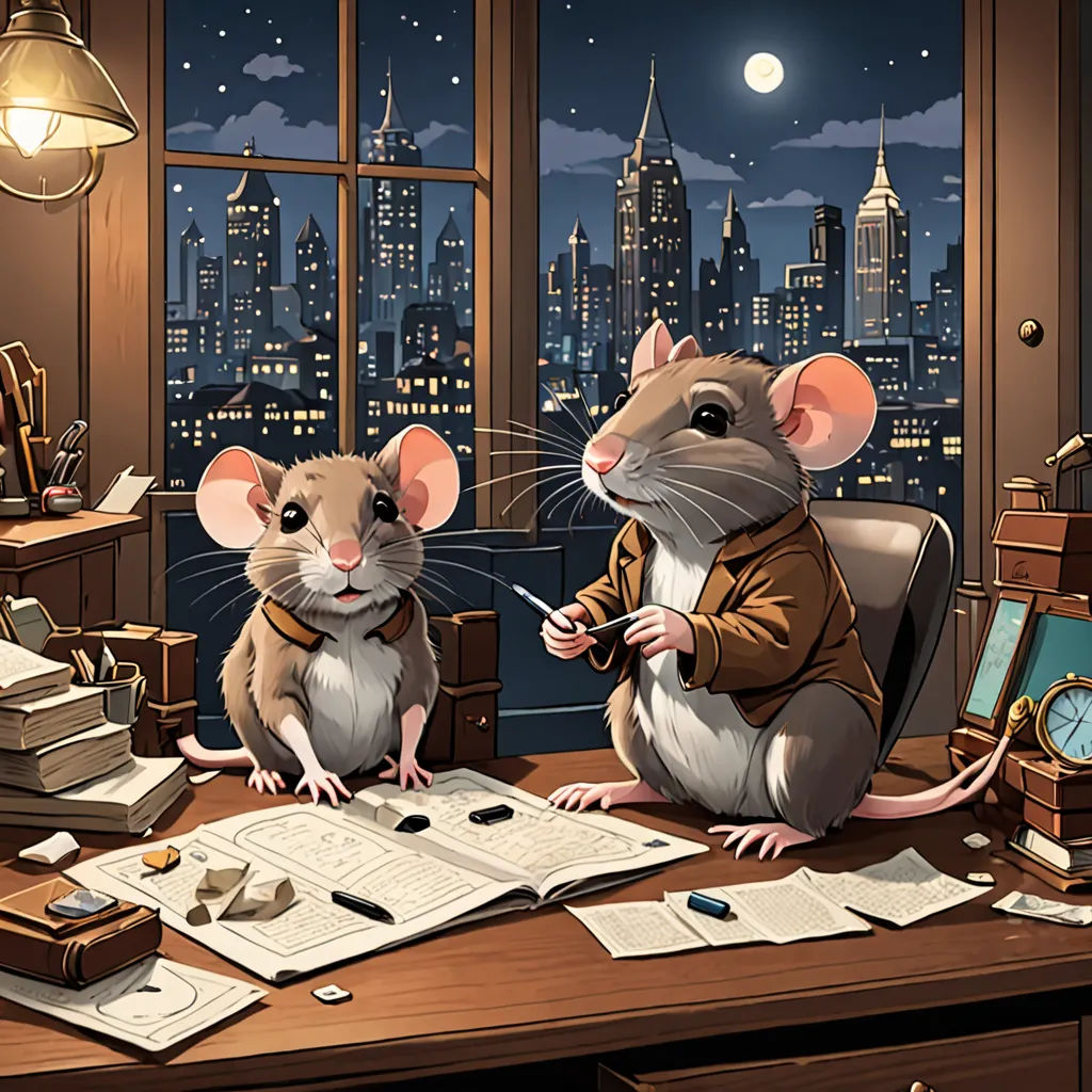 a mouse sitting on a desk next to a mouse in a chair and a clock on a desk with a city view, furry art, a storybook illustration, Art Spiegelman, storybook illustration