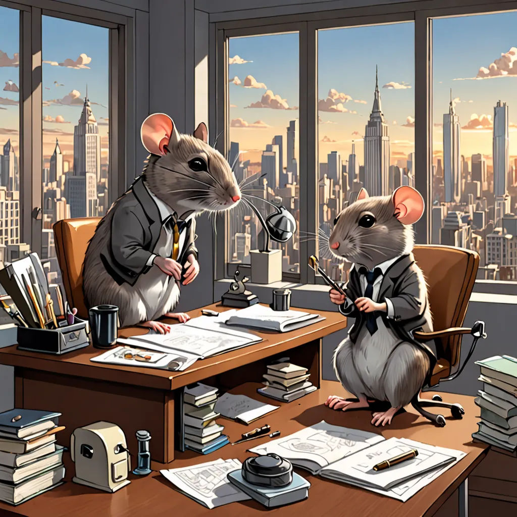 two mice sitting at a desk in front of a window with a city view in the background and a cup of coffee, fantastic realism, a storybook illustration, Art Spiegelman, highly detailed digital painting