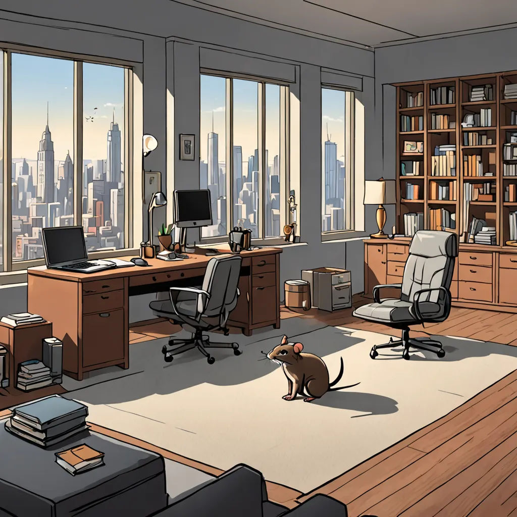 a room with a cat sitting on the floor in front of a desk and a bookcase with a city view, furry art, a comic book panel, Everett Warner, city background