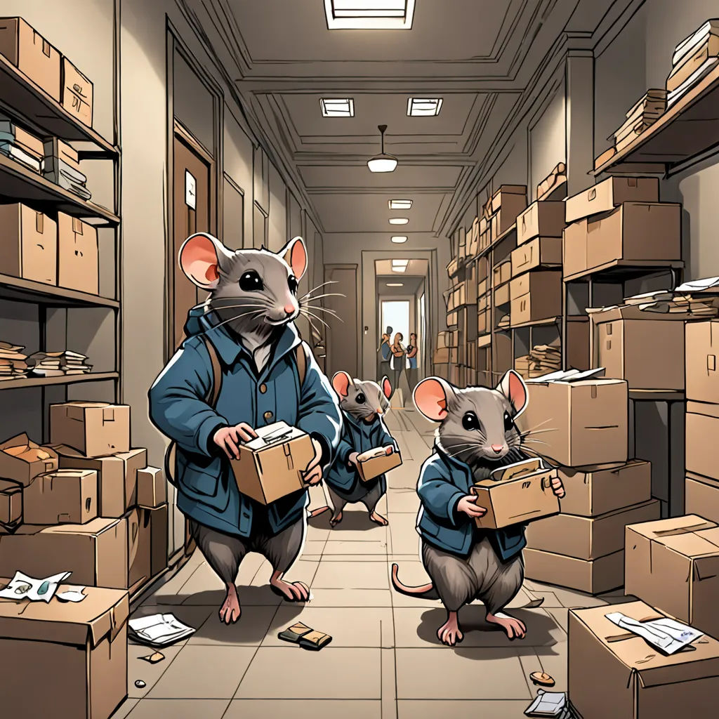 a couple of mice that are standing in a room with boxes on the floor and people in the background, furry art, a comic book panel, Art Spiegelman, comic cover art