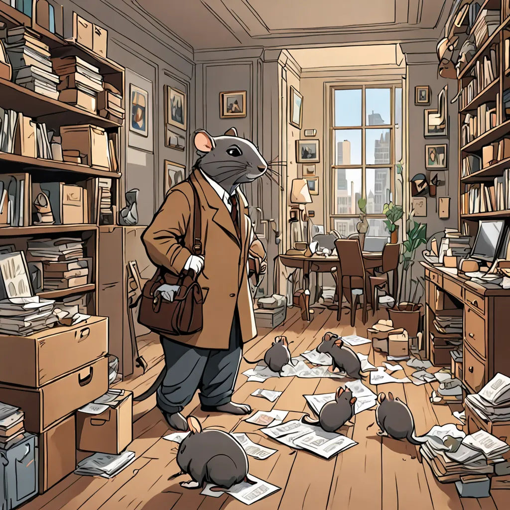 a cartoon of a mouse in a room with many papers scattered all over the floor and a man in a suit, academic art, a storybook illustration, Art Spiegelman, storybook illustration